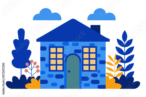 Small Stone House With Blue Shutters Surrounded By Flowers