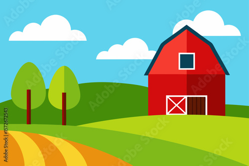Farmhouse With Red Barn In The Background Bright Daylight