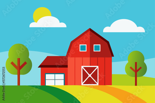 Farmhouse With Red Barn In The Background Bright Daylight