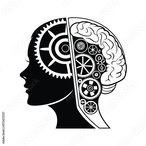 Human Head Split with Half Robotic Brain Vector Art