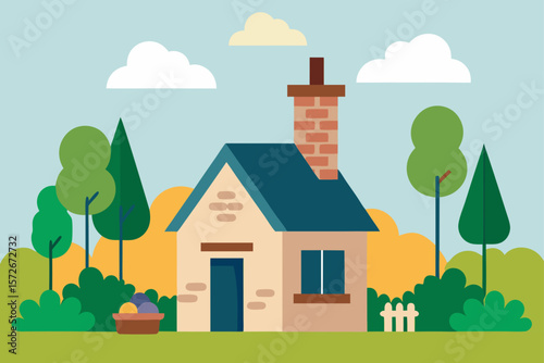 Cottage With Stone Chimney And Hanging Plants In Sunny Yard
