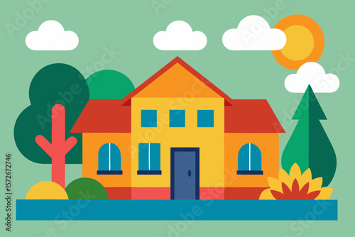Charming Suburban House Illustration Colorful Home Design