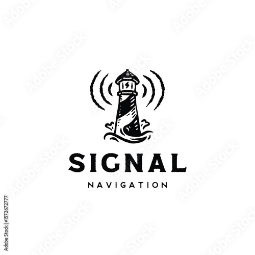 Coast Electrical Lighthouse with bolt shine transmit signal beacon hand drawn custom illustration logo icon design