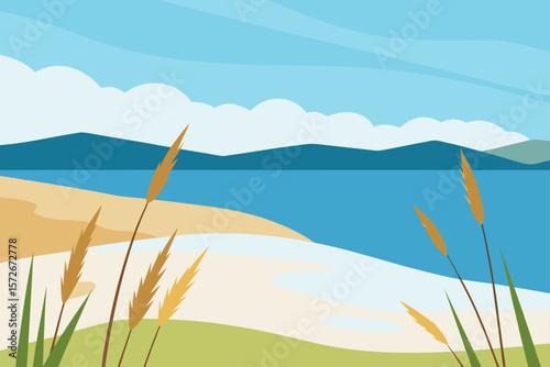 Serene Lakeside Summer Calm Beach Scene Illustration