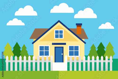 Classic Suburban House With White Picket Fence And Flower Beds