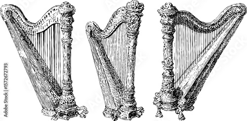Vintage harp collection: elegant black and white engravings for design and decoration