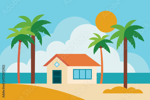 Beachside Cottage In Suburb With Palm Trees And Brick Path