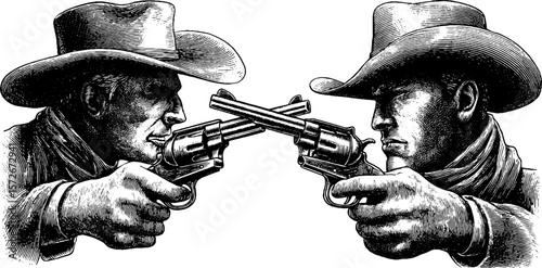 Vintage western duel silhouette with cowboys and pistols for retro design