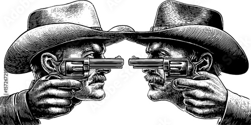 Cowboy duel silhouette: vintage western gunfight engraving illustration