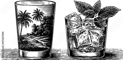 Vintage hand drawn engraving of iced beverages with tropical scenery and mint garnish