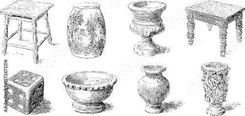 Vintage black and white engraving of decorative objects and furniture sketch