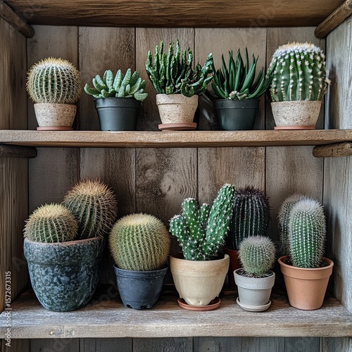 A collection of cacti displayed on a rustic wooden shelf.
