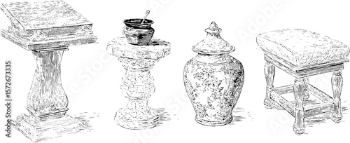 Vintage furniture and accessories sketch set: classic designs and decorative elements
