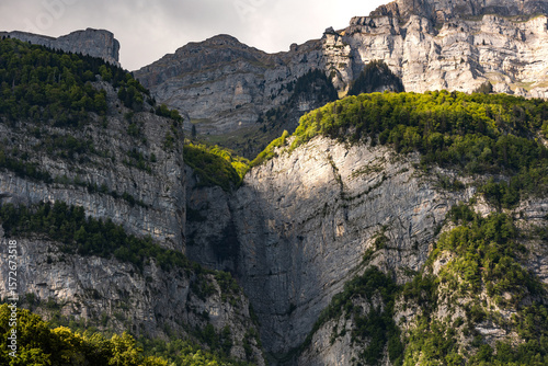 Mountain range with trees, Switzerland, Canton St. Gallen, Swiss Alps, Frümsel mountains. Sun, clouds, hiking, tourism, travel destination, recreation.