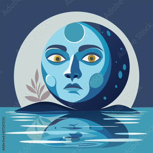 Moon Reflecting as a Face in Water Surreal Vector Art