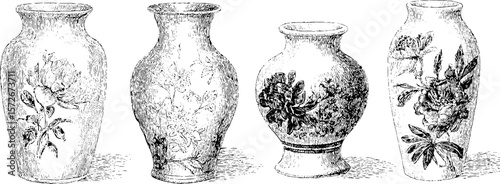 Vintage engraving illustration of classic vases with floral designs - ideal for art and design projects