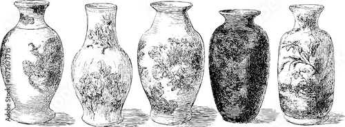 Vintage hand drawn engraving of decorative vases set - classic art design for home decor
