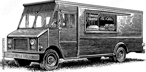 Vintage food truck sketch illustration in black and white