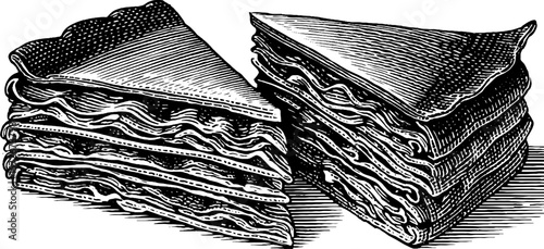 Vintage hand-drawn illustration of black and white lasagna slices for design