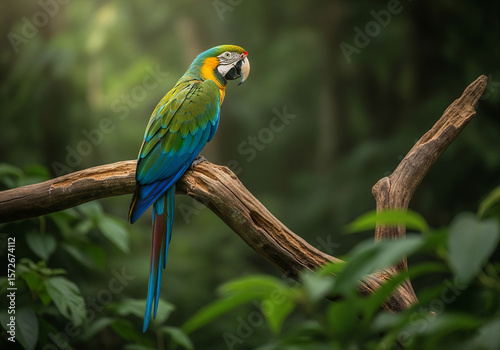 Vibrant Macaw Perched in Lush Jungle: A Colorful Tropical Bird Against a Verdant Rainforest Backdrop