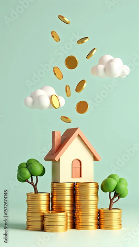 Real estate investment illustration with house on golden coin stacks, flying coins and money trees on teal background, symbolizing financial growth, passive income, savings and homeownership potential