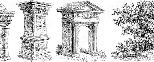 Vintage architectural sketch set featuring columns, archways, and foliage for retro design projects
