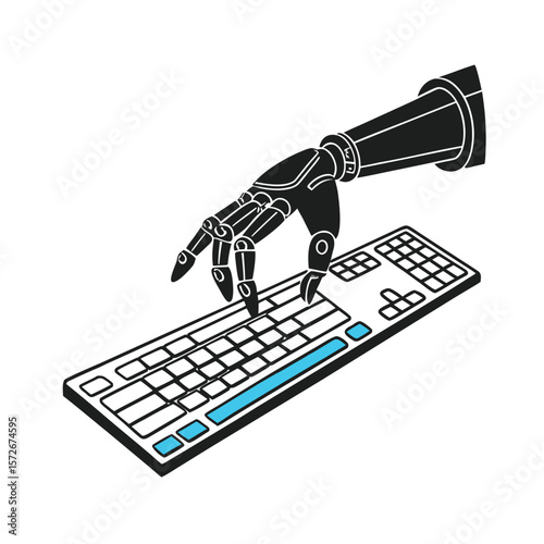 Robot Typing on Futuristic Keyboard Vector Black