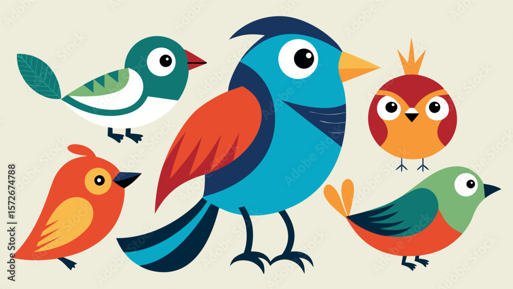 Obraz premium Vector art of a cheerful group of cartoon birds in vibrant colors, perfect for childrens illustrations