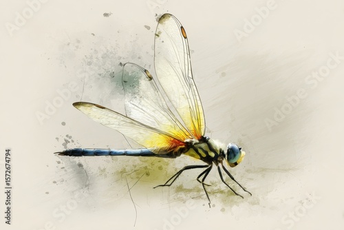 Dragonfly Sketch. Beautiful Watercolor Artwork of Hand-drawn Dragonfly