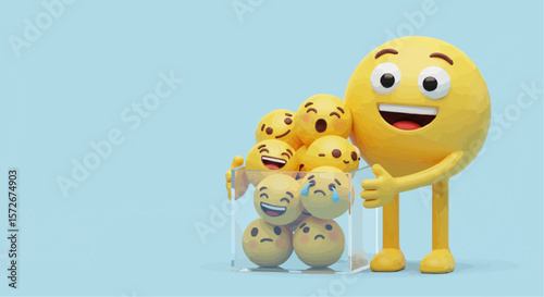 “Smiling Emoji Holding Transparent Box of Fluffy Emoji Friends – Vector Vertical Banner”