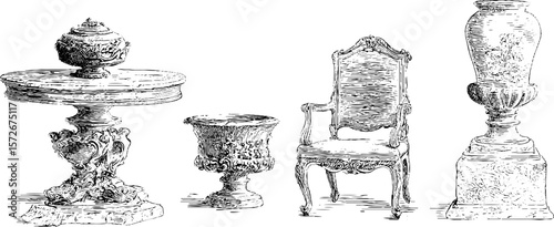Vintage black and white hand drawn furniture engraving illustration set for retro design and decor