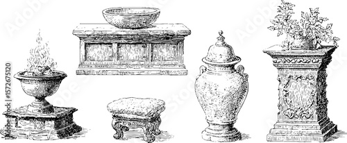 Black and white engraving of marble artifacts and architectural elements for retro design