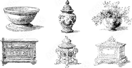 Vintage hand drawn engraving illustration of marble vases and decorative furniture