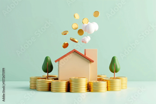 Real estate investment illustration with house on golden coin stacks, flying coins and money trees on teal background, symbolizing financial growth, passive income, savings and homeownership potential