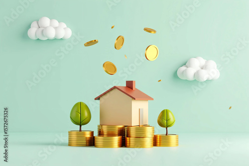 Real estate investment illustration with house on golden coin stacks, flying coins and money trees on teal background, symbolizing financial growth, passive income, savings and homeownership potential