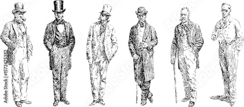 Vintage black and white engraving of men's fashion silhouettes for retro design