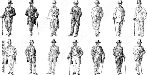 Vintage engraving of men in classic attire with canes - retro fashion sketch for design