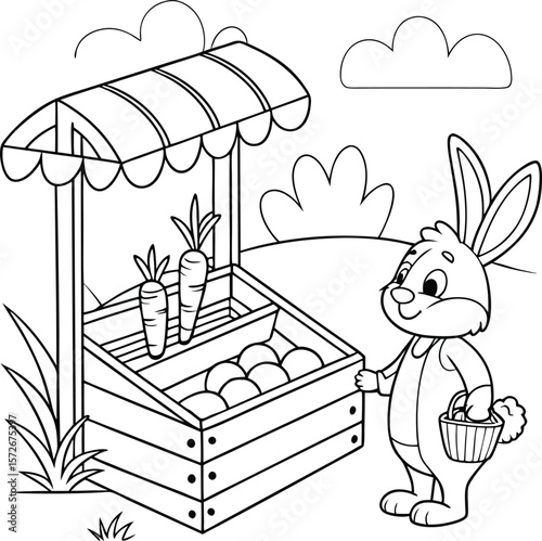 Cute rabbit selling fresh carrots at a wooden market stall coloring page