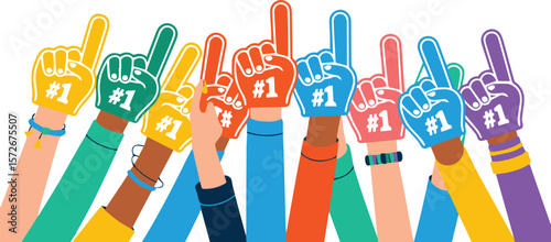 Diverse Hands Raised High Wearing Colorful Foam Fingers with Number One, Symbolizing Unity, Support, and Cheering for Success or Victory in a Celebratory Event