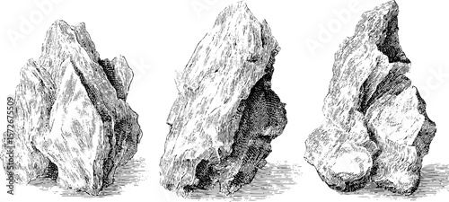 Vintage mica rock illustration set in black and white engraving style for retro design