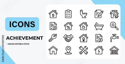 Real Estate Achievement Icons Home, Property, House, Mortgage, Key