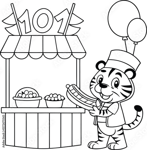 Cute tiger character serving spicy hot dogs at a lively carnival food stand coloring page