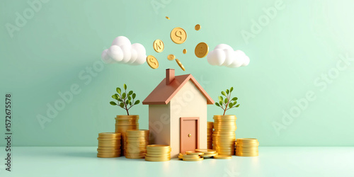 Real estate investment illustration with house on golden coin stacks, flying coins and money trees on teal background, symbolizing financial growth, passive income, savings and homeownership potential