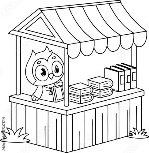 Charming owl librarian reading books in a cozy bookstore perfect for coloring