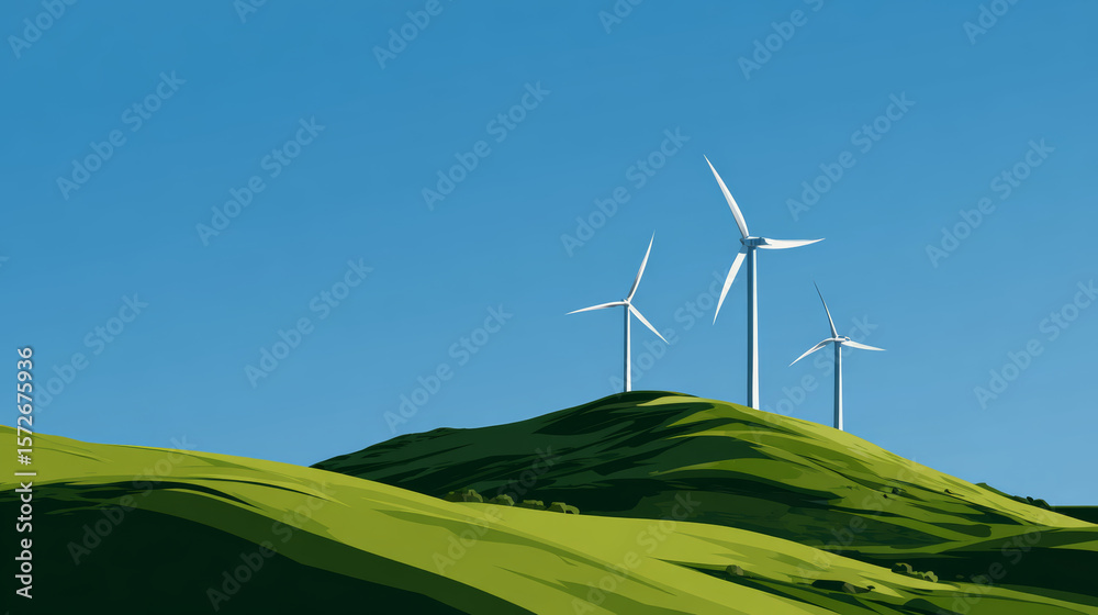 Fototapeta premium Three wind turbines stand tall on a green hill, harnessing the power of wind.