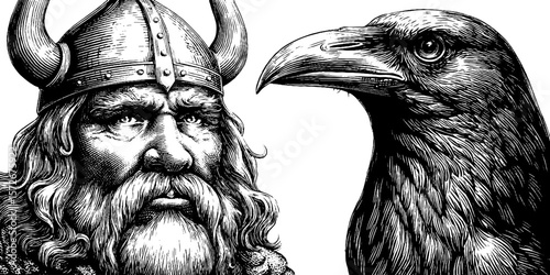 Viking warrior and raven black and white engraving illustration for historical design