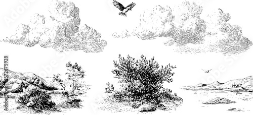 Vintage nature landscapes with trees, birds, and clouds – hand drawn sketch for design and prints