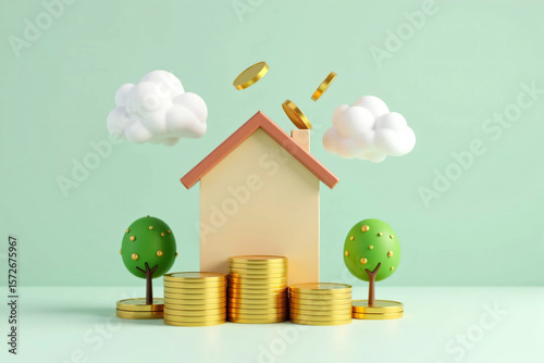 Real estate investment illustration with house on golden coin stacks, flying coins and money trees on teal background, symbolizing financial growth, passive income, savings and homeownership potential