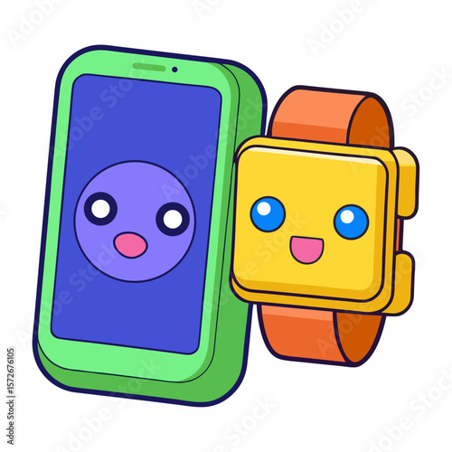 Cute cartoon smartphone and smartwatch with faces technology