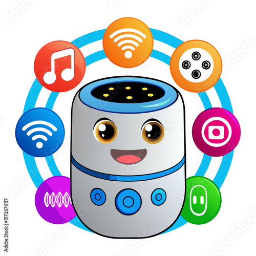 Cute cartoon smart speaker with colorful technology icons music